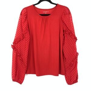 LOFT Long Sleeve Blouse Ruffle Polka Dot Sleeves Womens Size Small Red